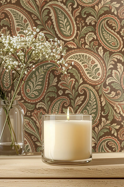 Close-up of Tobacco Paisley Reverie wallpaper showing detailed paisley and floral pattern in tobacco brown, muted green, and cream.