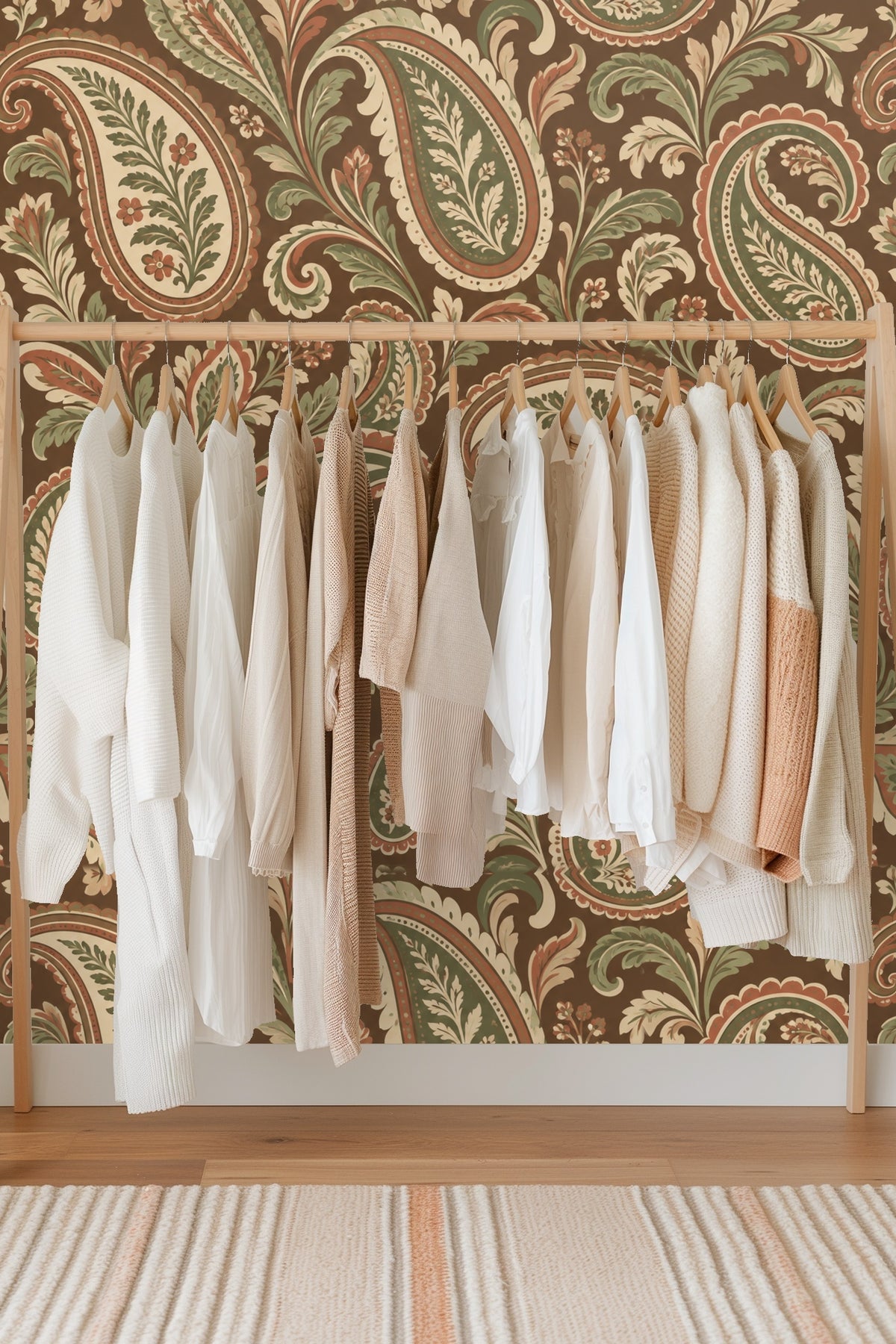 Earth Toned Paisley Scrolls wallpaper shown in an interior setting