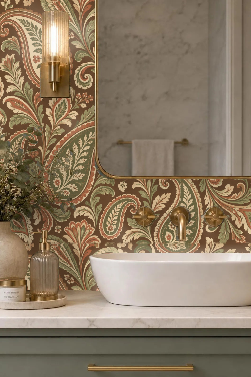Earth Toned Paisley Scrolls wallpaper shown in an interior setting