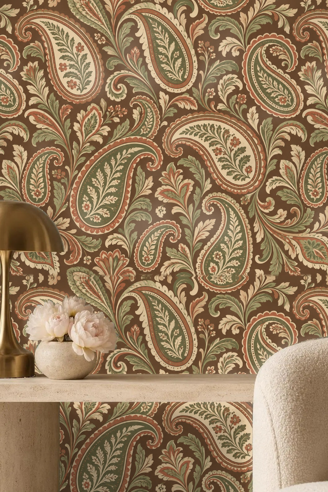 Earth Toned Paisley Scrolls wallpaper shown in an interior setting