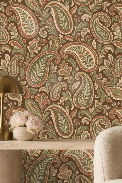 Earth Toned Paisley Scrolls wallpaper shown in an interior setting