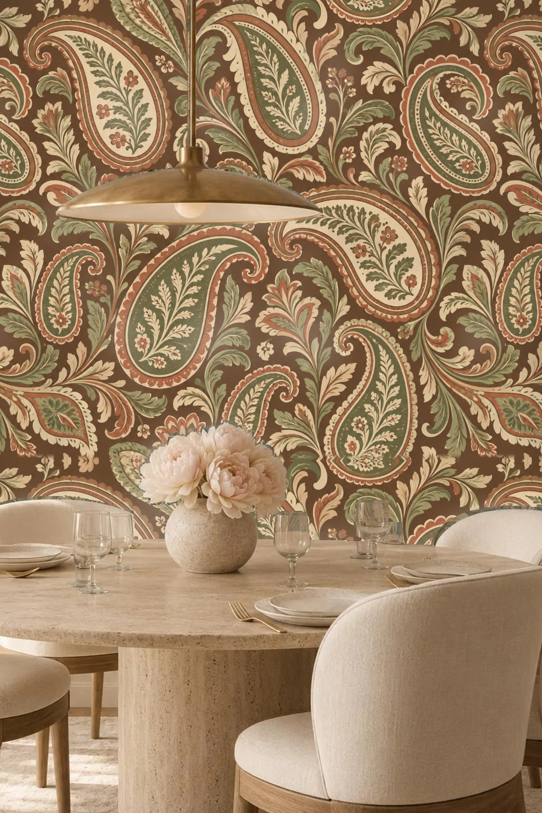Earth Toned Paisley Scrolls wallpaper shown in an interior setting