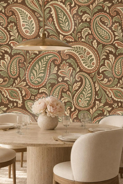 Earth Toned Paisley Scrolls wallpaper shown in an interior setting