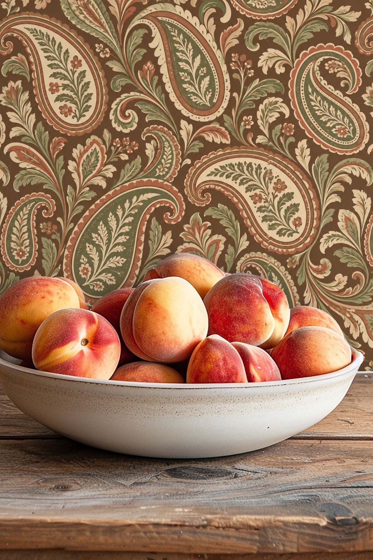 Earth Toned Paisley Scrolls wallpaper shown in an interior setting