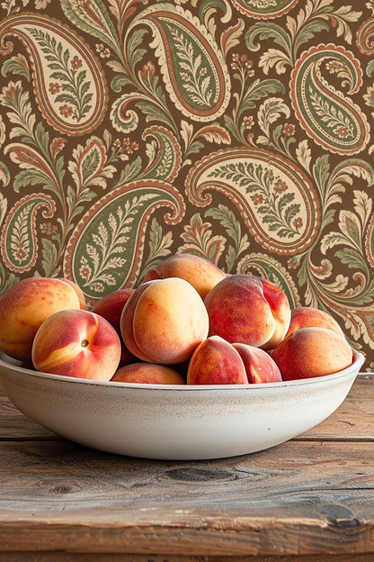 Earth Toned Paisley Scrolls wallpaper shown in an interior setting