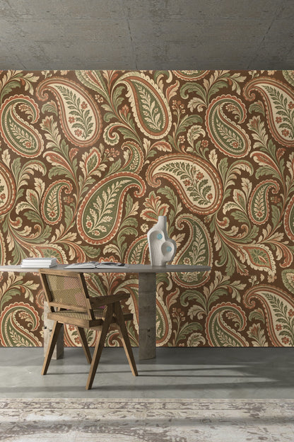 Earth Toned Paisley Scrolls wallpaper shown in an interior setting