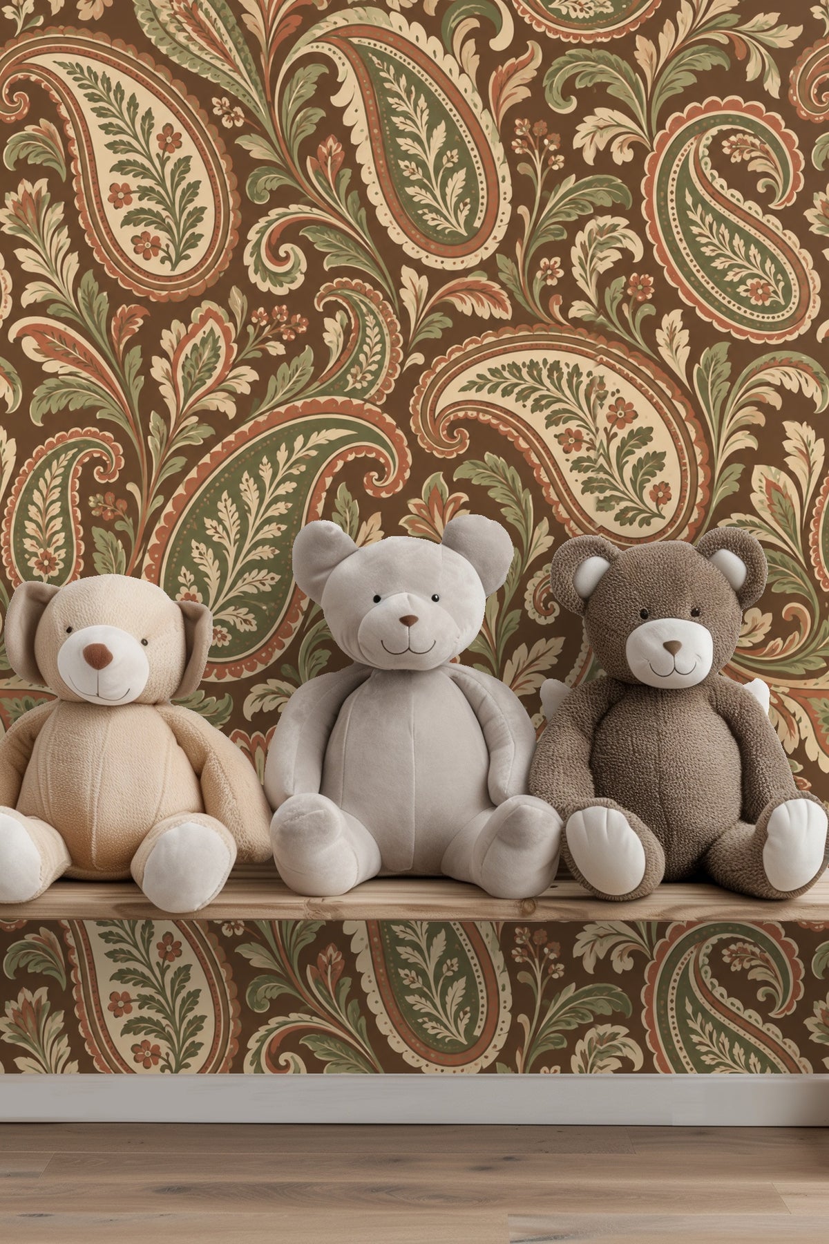Earth Toned Paisley Scrolls wallpaper shown in an interior setting