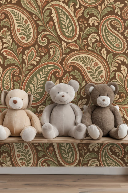 Earth Toned Paisley Scrolls wallpaper shown in an interior setting