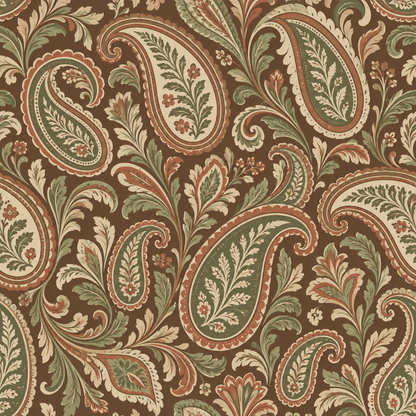 Earth Toned Paisley Scrolls wallpaper shown in an interior setting
