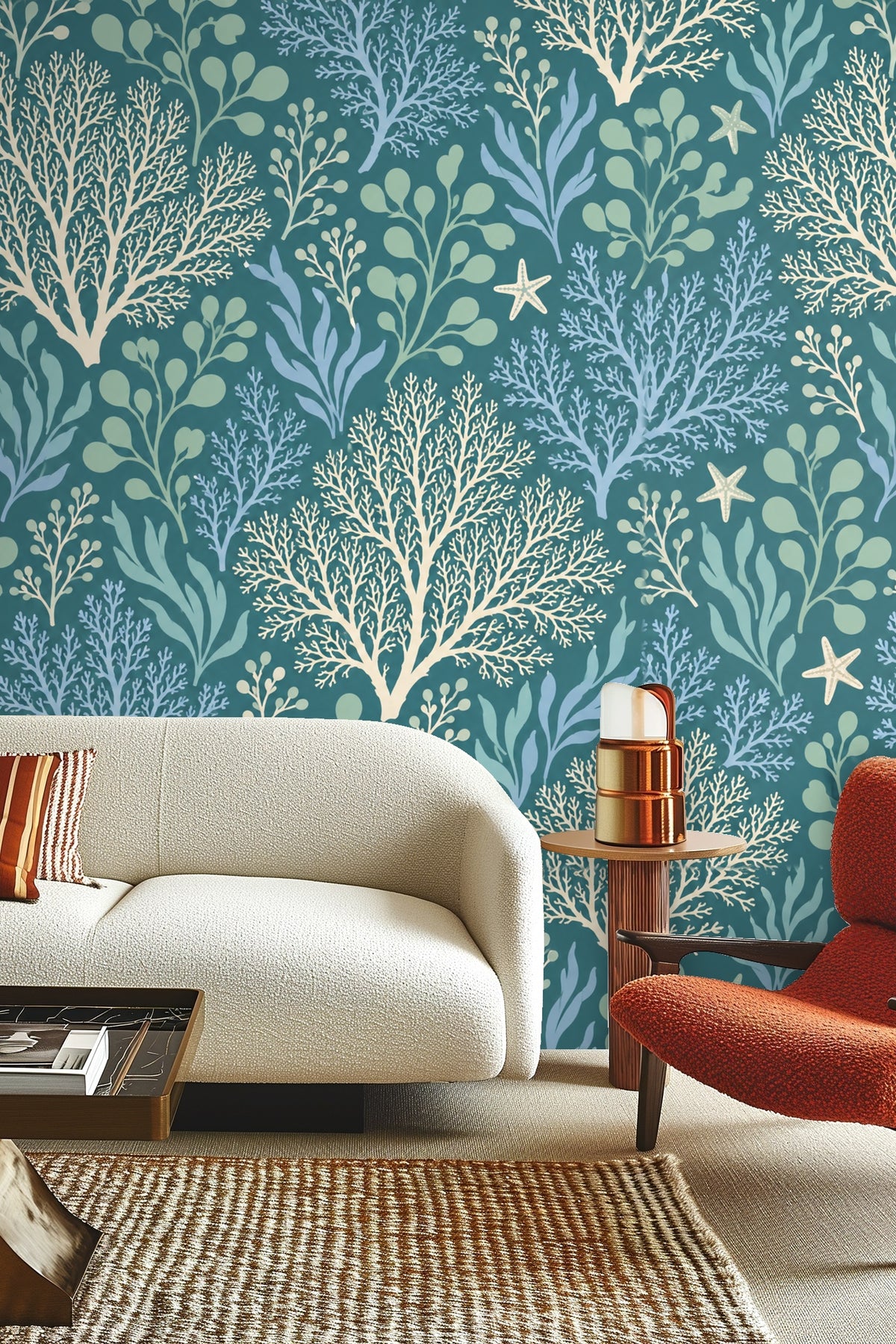 Close-up of white coral branches on a teal background with seaweed motifs