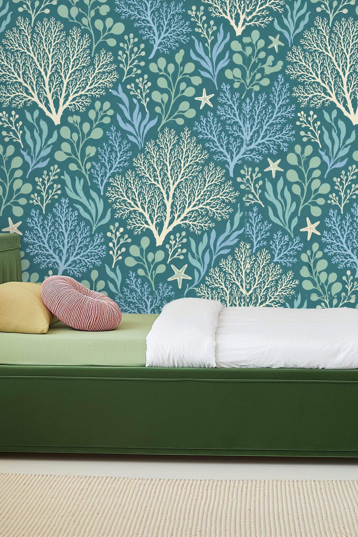 Seamless wallpaper pattern with distinct coral and seaweed clusters