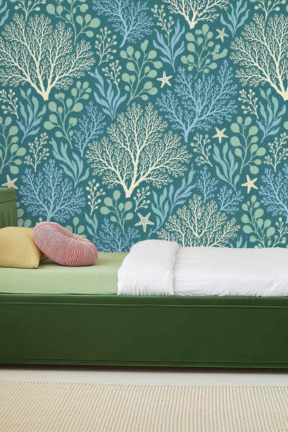 Seamless wallpaper pattern with distinct coral and seaweed clusters