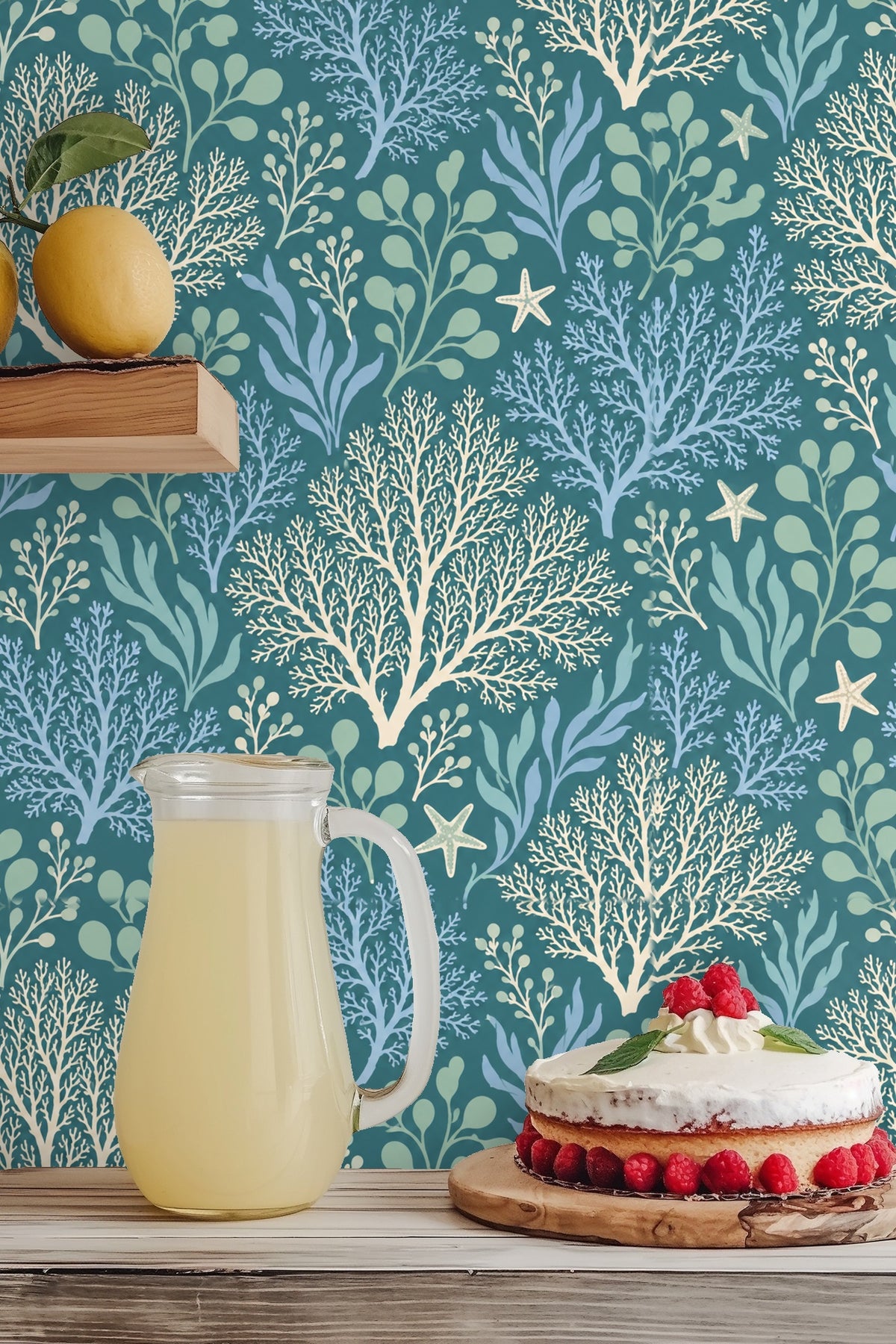Detailed view of kelp and coral botanical wallpaper pattern
