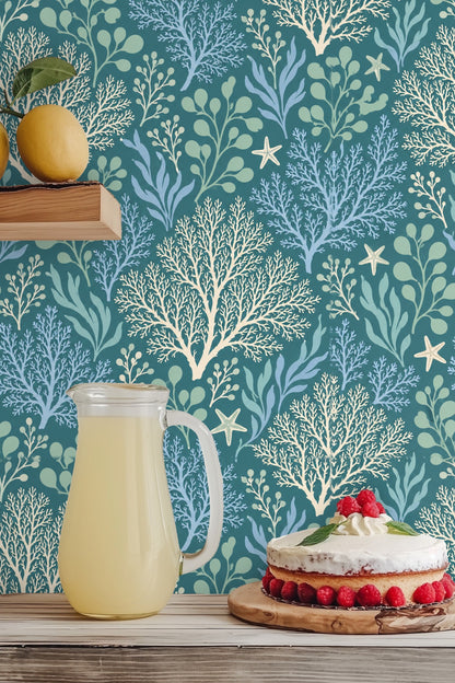 Detailed view of kelp and coral botanical wallpaper pattern