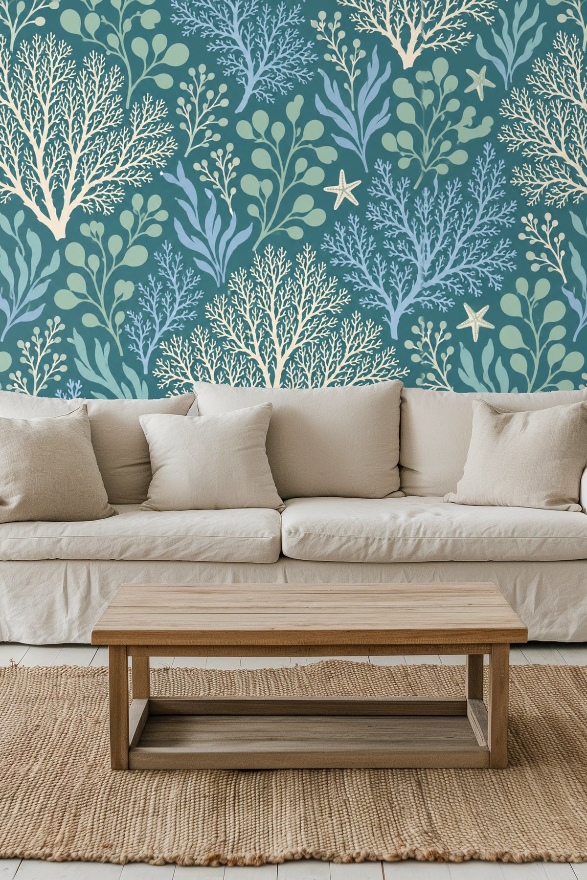 Patterned wallpaper featuring coral branches, seaweed, and starfish in teal and seafoam green hues
