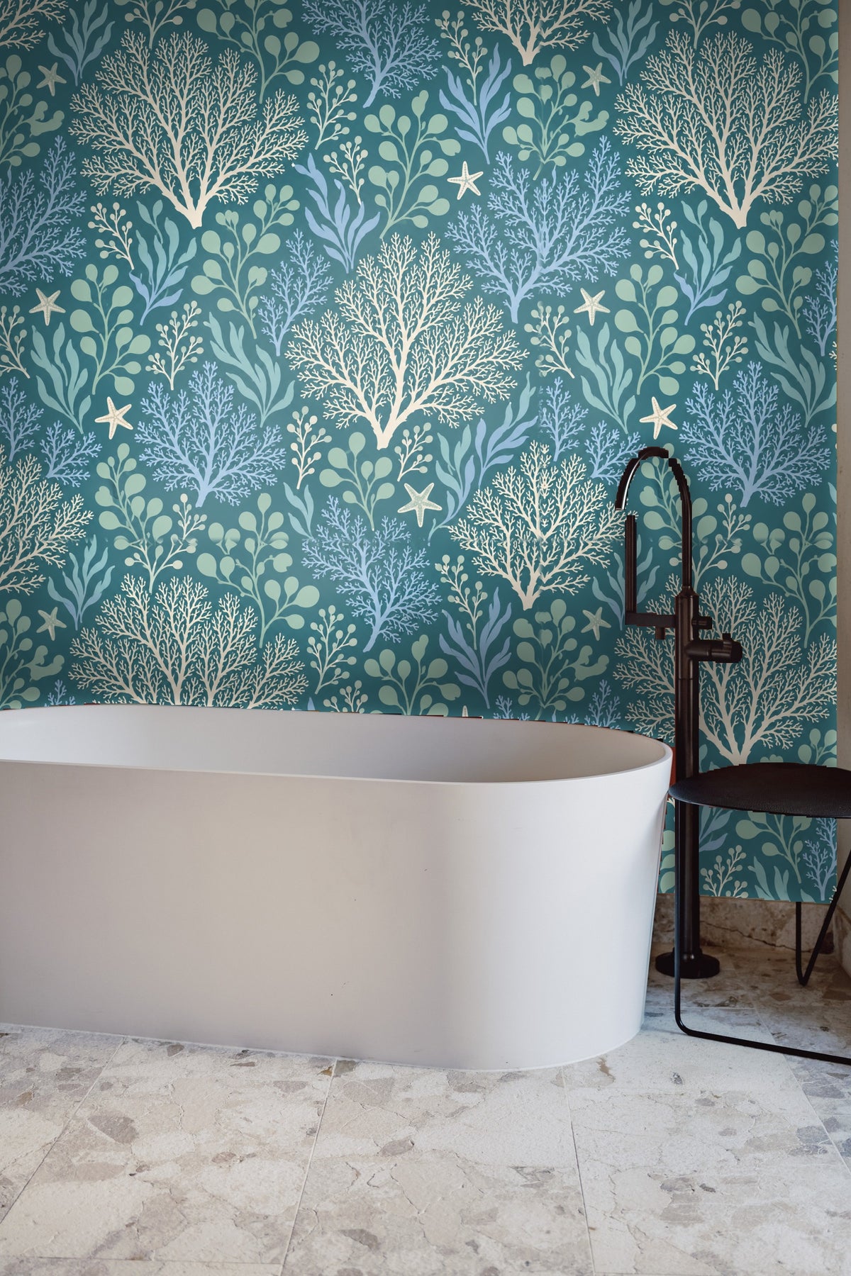 Wallpaper in a neutral living space highlighting oceanic botanical design