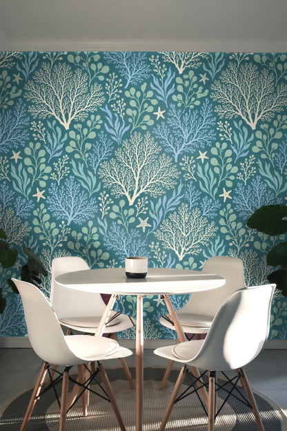 Soft coral branches paired with rounded seaweed leaves in wallpaper