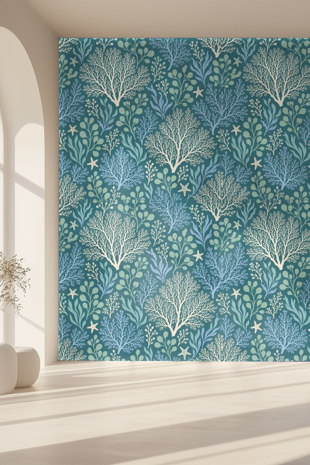 Organic shapes of ocean plants in pastel blue and green hues on wallpaper