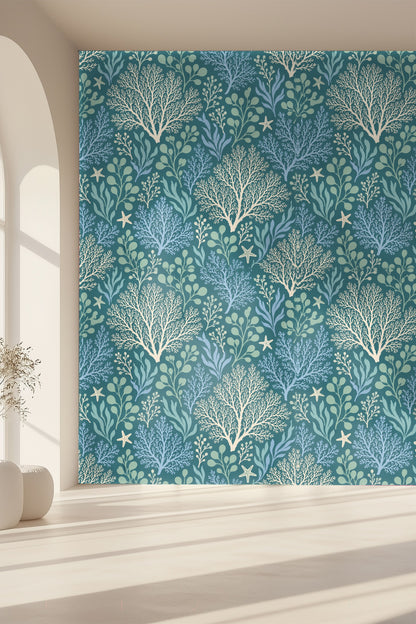 Organic shapes of ocean plants in pastel blue and green hues on wallpaper