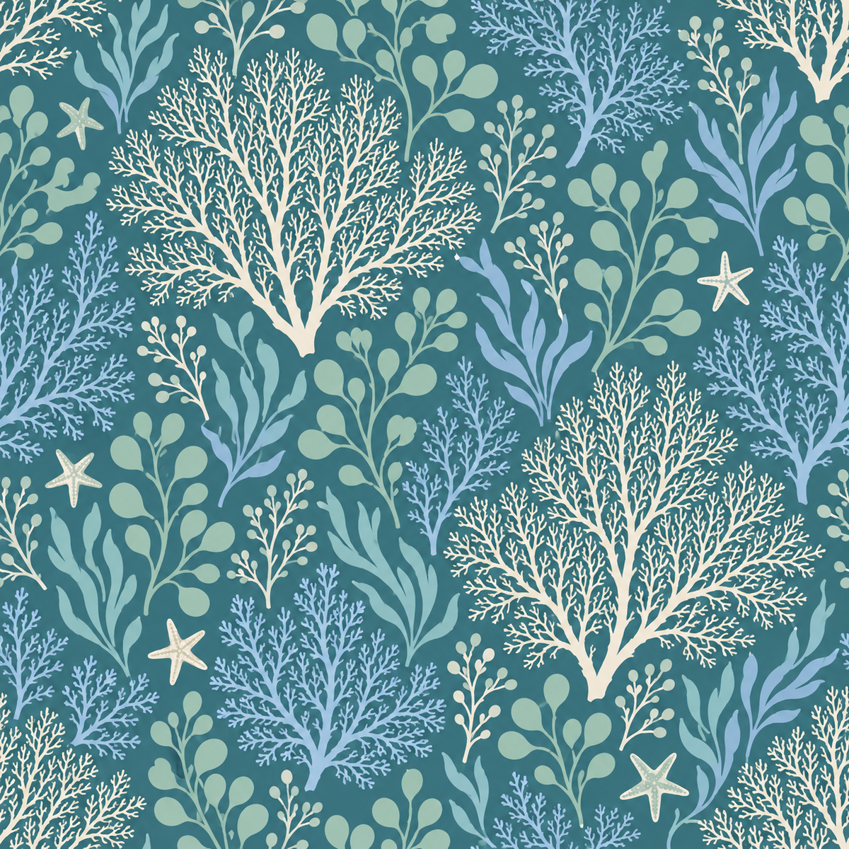 Textured look of underwater plant-inspired wallpaper in blues and greens
