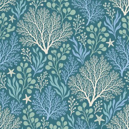 Textured look of underwater plant-inspired wallpaper in blues and greens