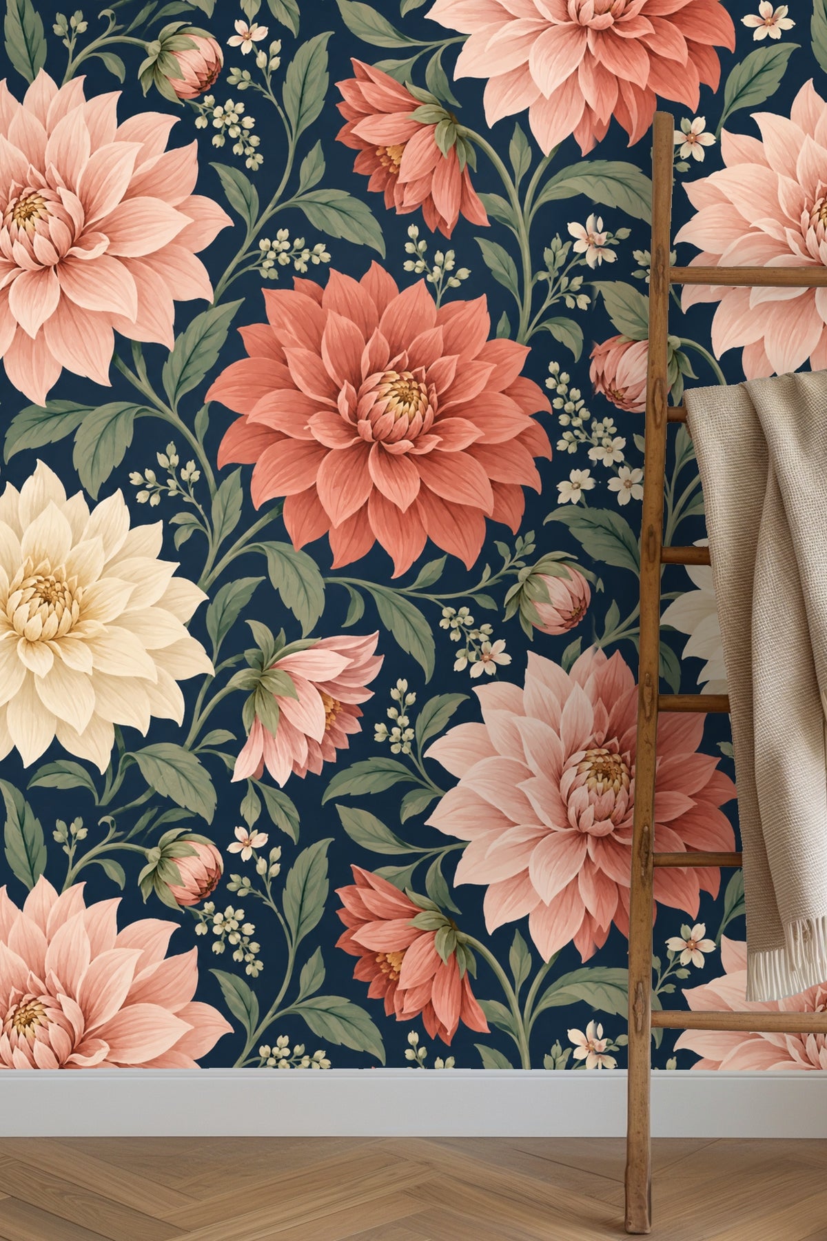 Artful floral wallpaper swatch showcasing botanical motifs and colors.