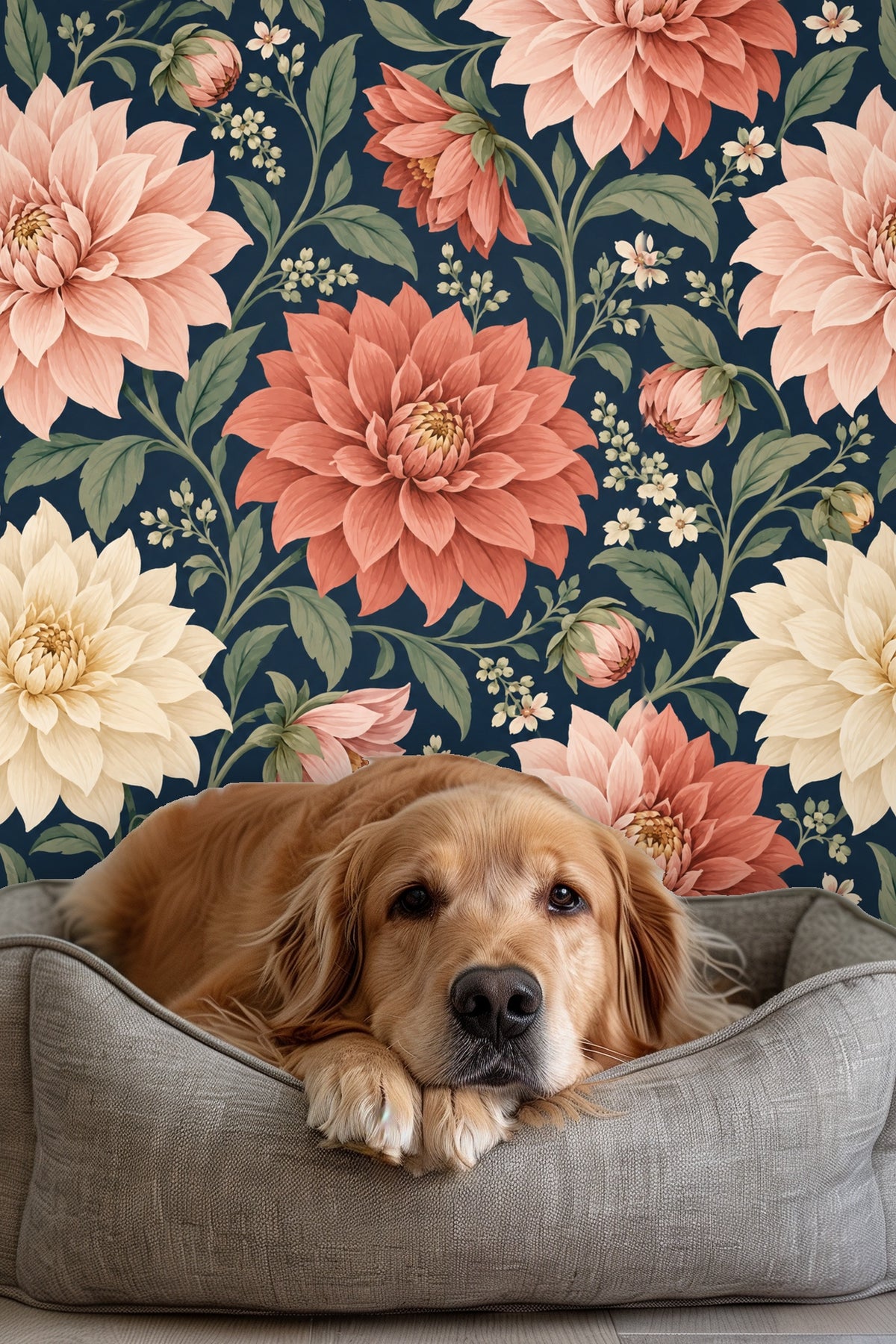 Detailed leaves and floral sprigs in shades of green against navy background.