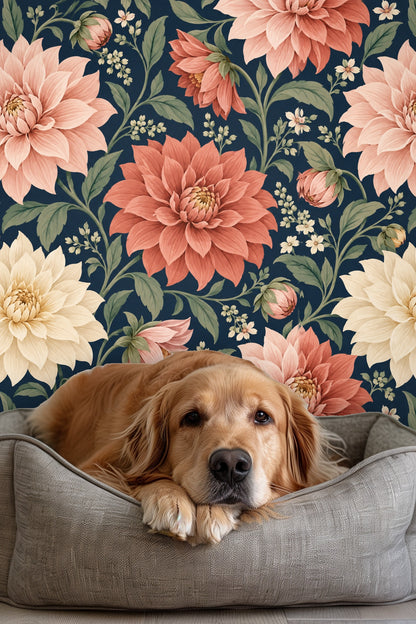 Detailed leaves and floral sprigs in shades of green against navy background.