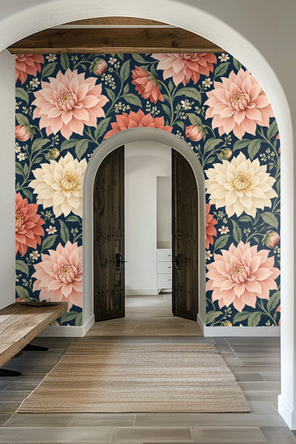 Laundry room featuring Dahlia Dusk wallpaper with washer and dryer under wooden countertop.