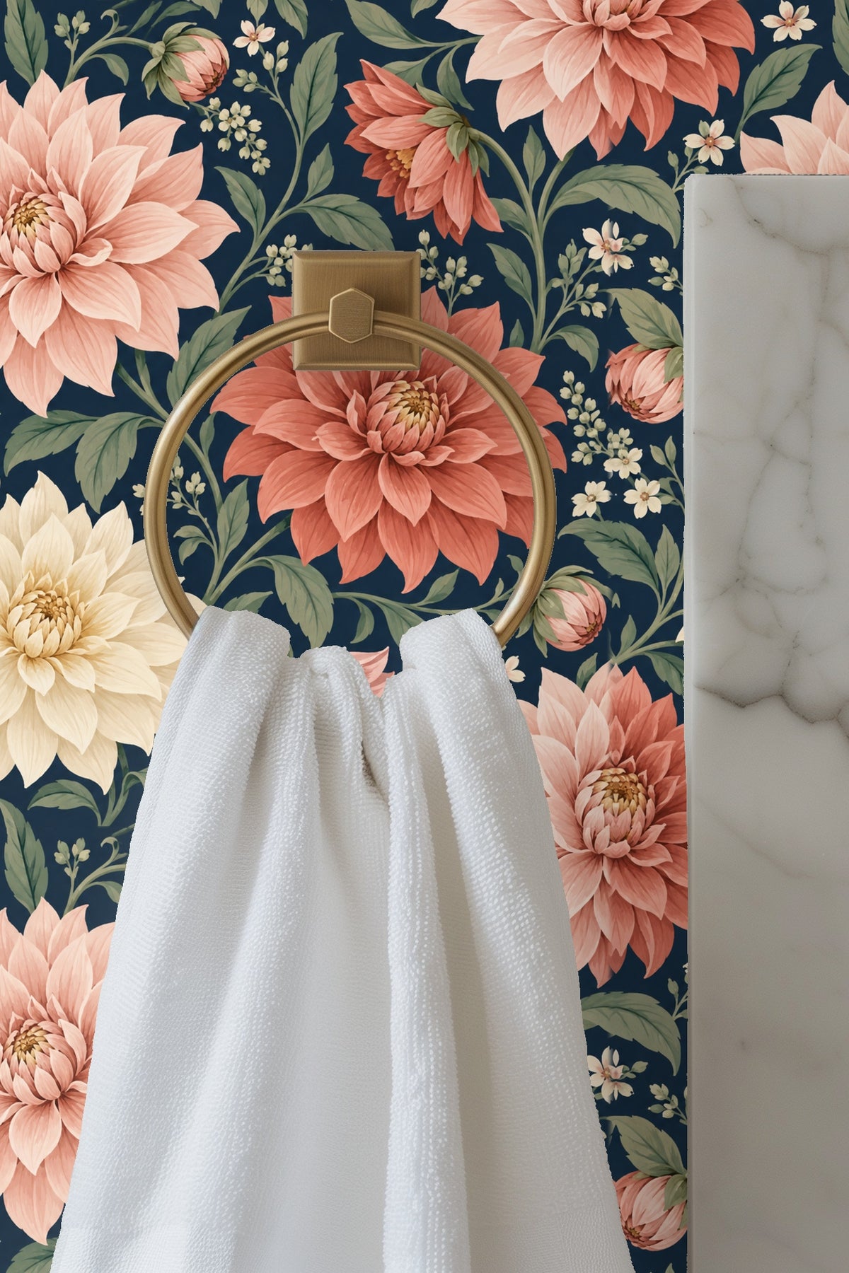 Decorative dainty cream flowers interspersed among large dahlias.