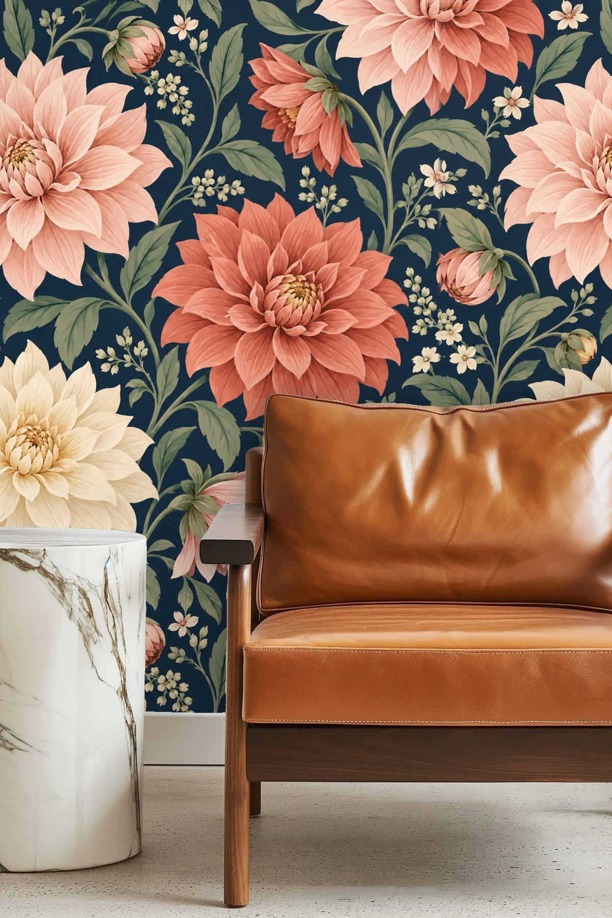 Coral and cream petals overlapping on oversized dahlias with natural shading.