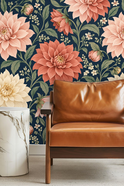 Coral and cream petals overlapping on oversized dahlias with natural shading.