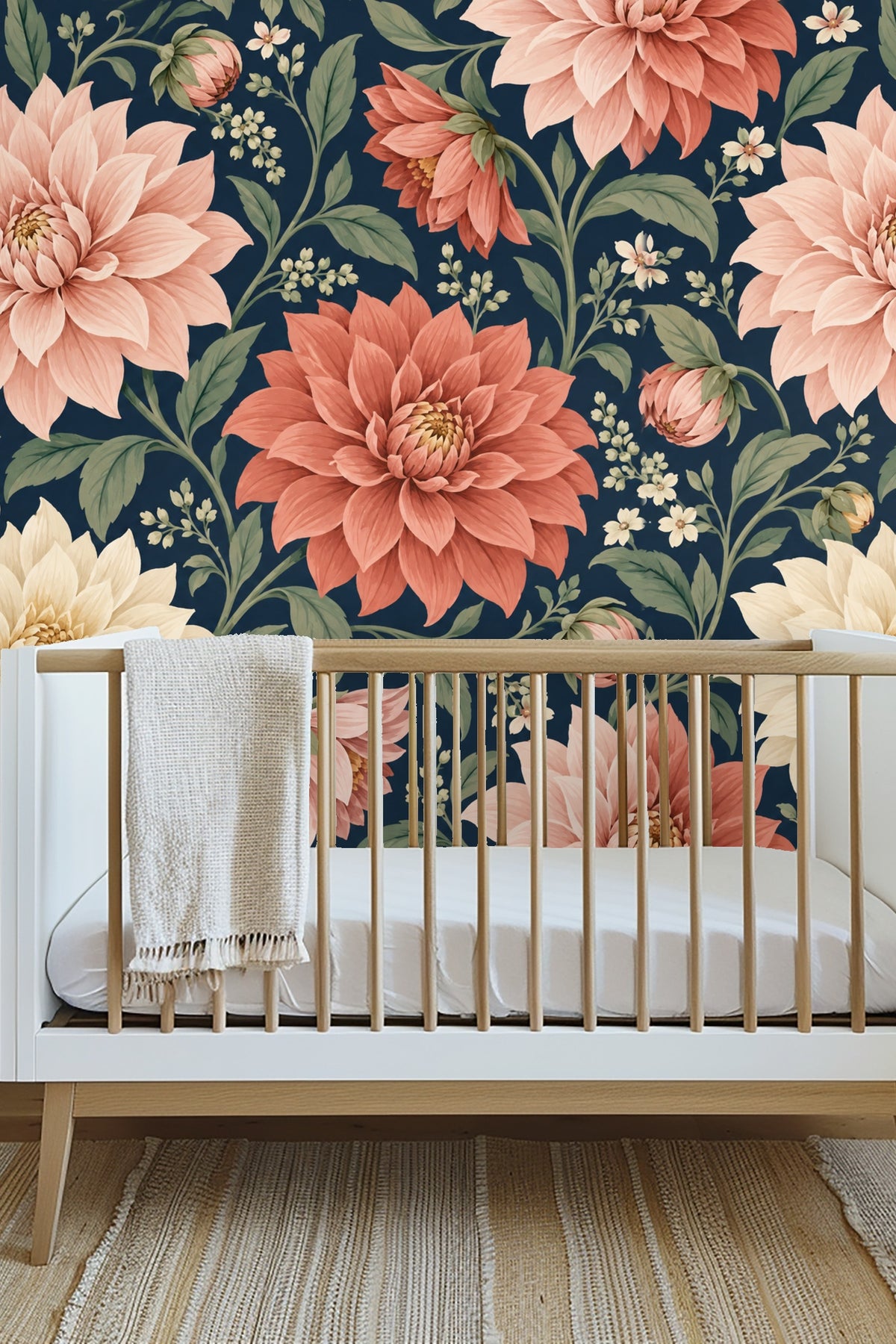 Pattern repeat showing arrangement of multiple dahlia flowers and buds.