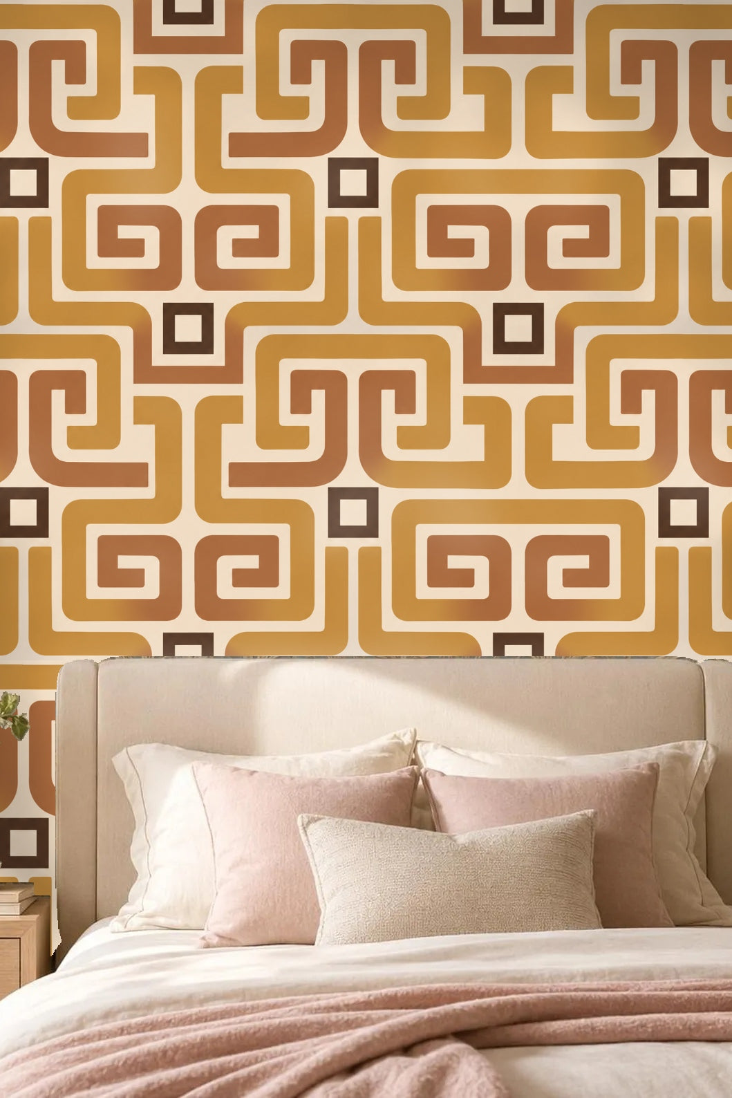 Close view of interlocking scroll pattern in warm brown and ochre