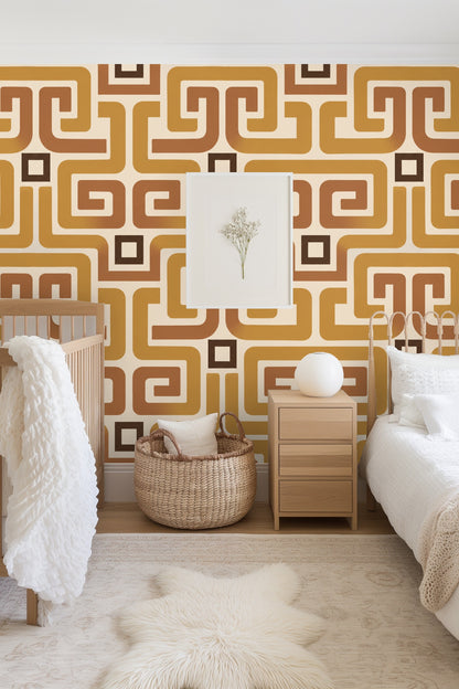 Ochre Meander wallpaper in bedroom with olive green velvet scalloped headboard and white bedding