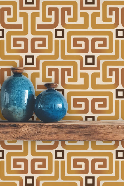 Warm ochre and terracotta shades in repeating labyrinth design