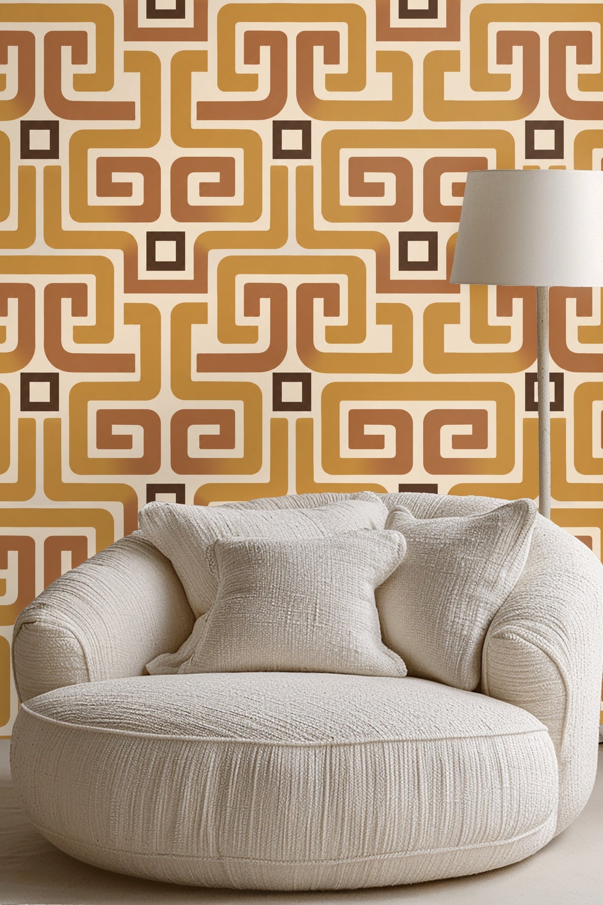 Modern living space showcasing ochre meander wallpaper as a statement wall