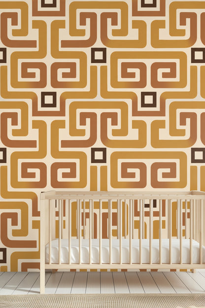 Detail of repetitive square motifs connecting flowing ochre shapes