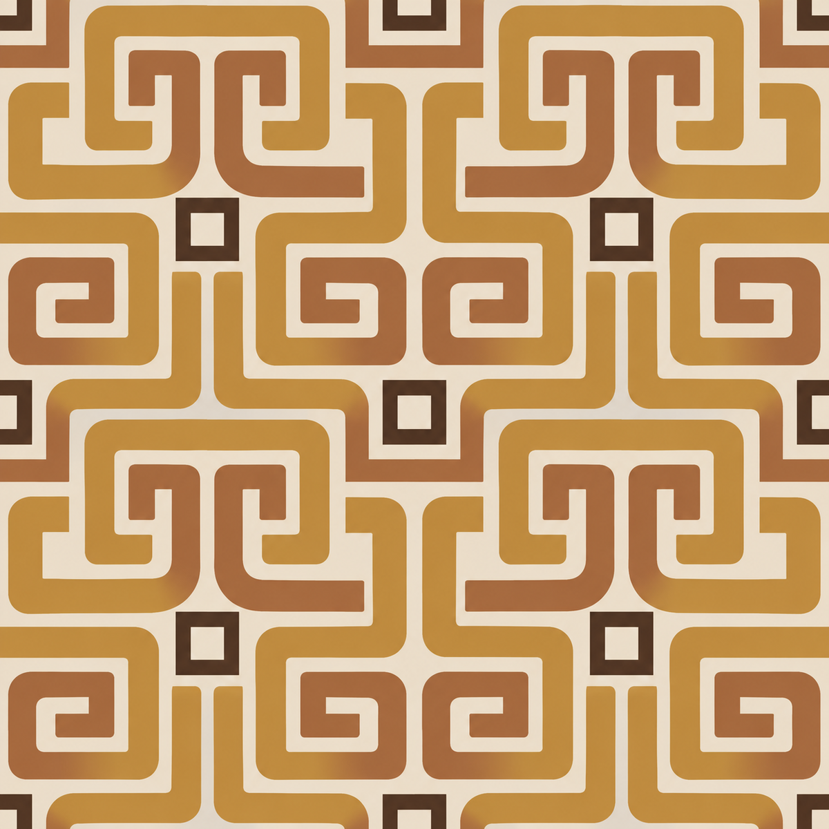 Natural wood furniture paired with ochre labyrinth wallpaper