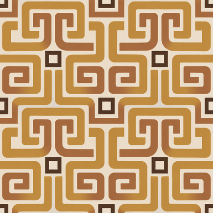 Natural wood furniture paired with ochre labyrinth wallpaper