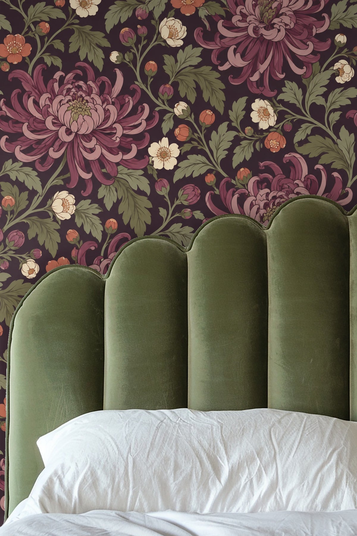 Wallpaper vignette highlighting trailing green leaves and flower buds.