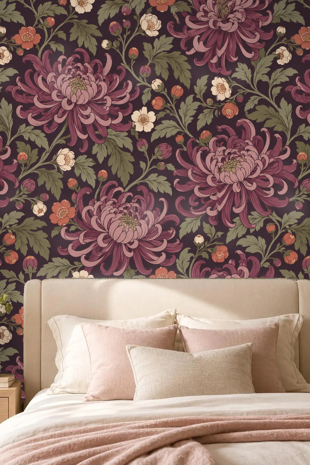Wallpaper pattern with deep plum chrysanthemums and green leaves on a dark background.