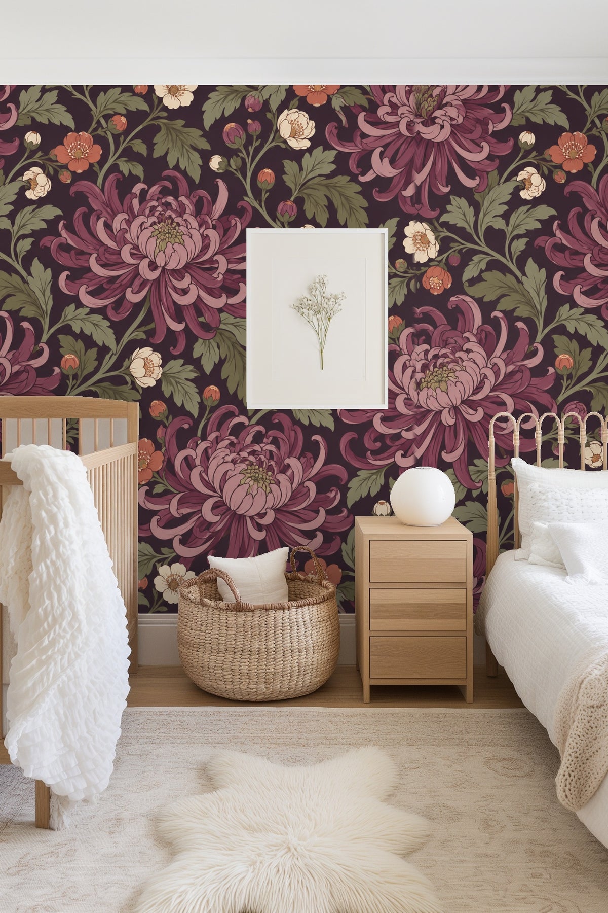 Dark background wallpaper with botanical design in vintage color palette.
