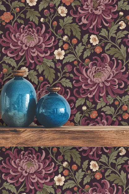 Wallpaper with clusters of cream and orange wildflowers interspersed with plum chrysanthemum.