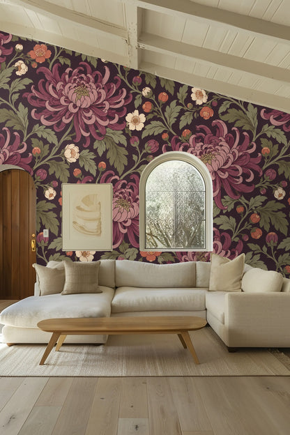 Segment of wallpaper showing small orange and cream blossoms.