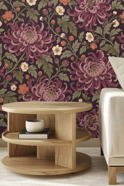 Close-up of wallpaper in children's play area showing plum chrysanthemums and stuffed animals on bench.