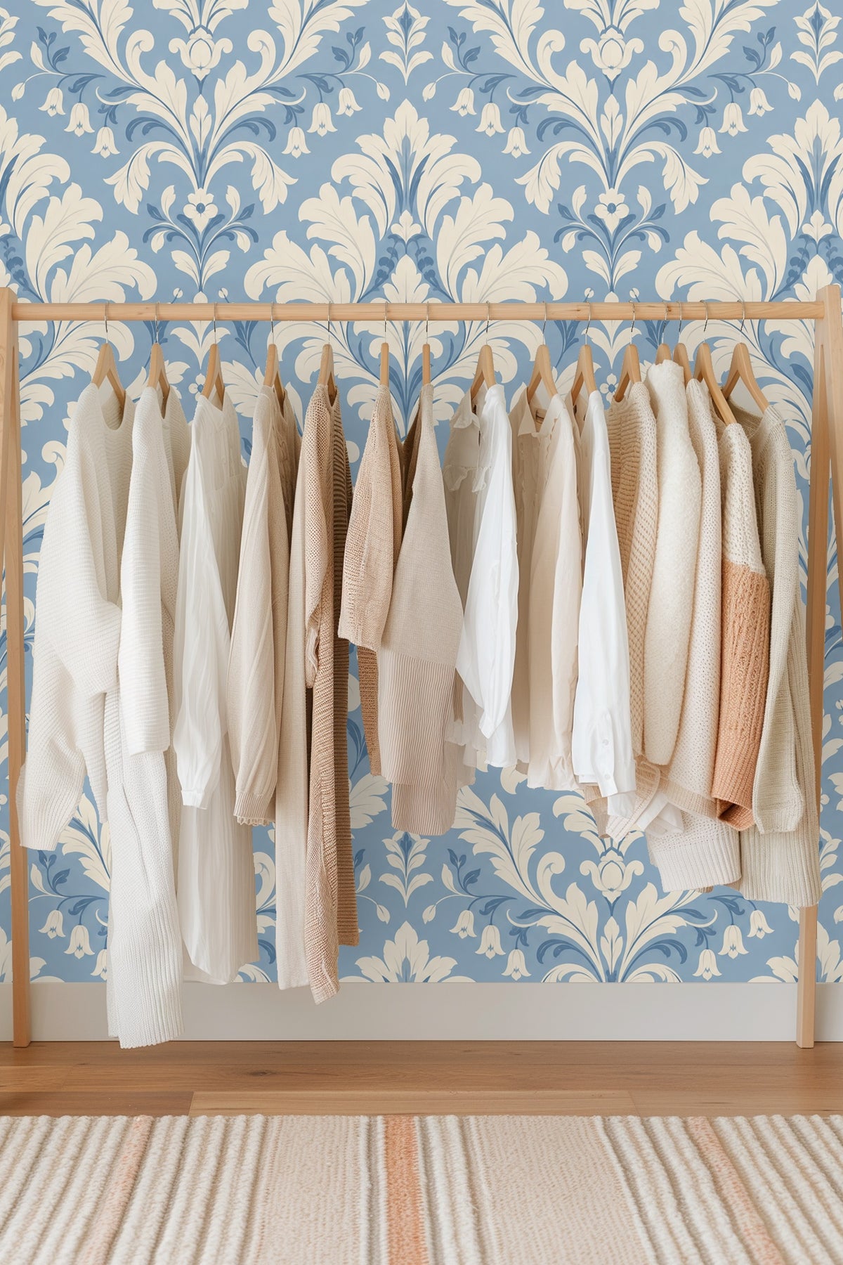 Abstract view of detailed damask pattern showing creamy foliage on soft blue background.