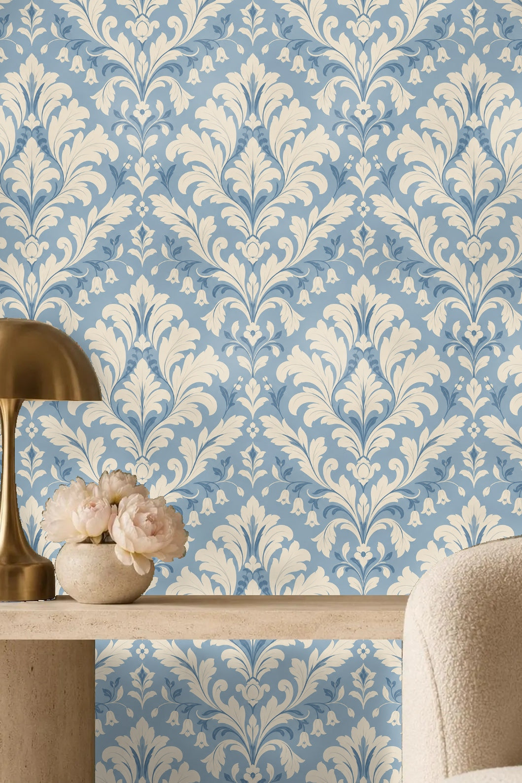 Pattern repeat of classic damask foliage and floral design in blue and cream.