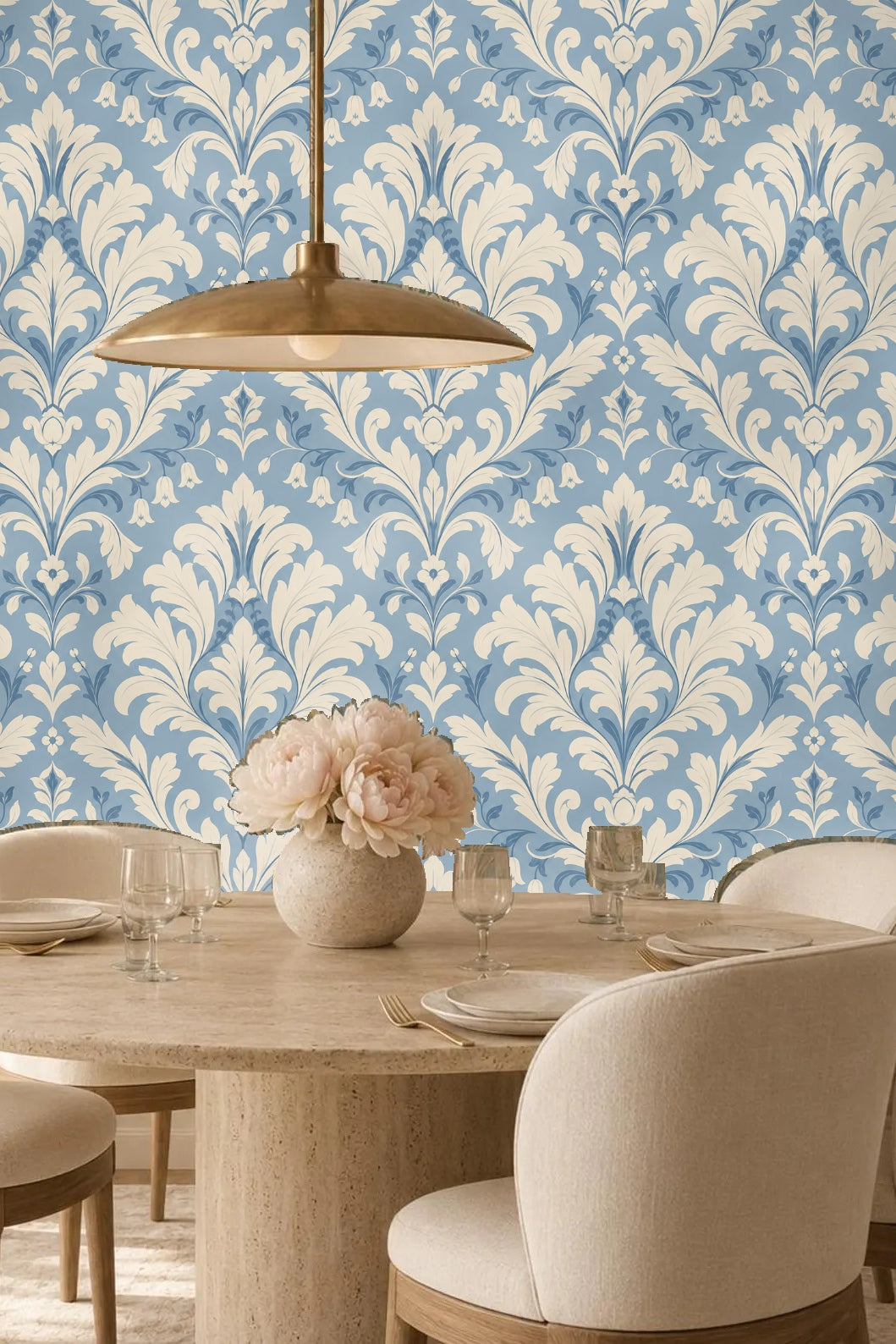Bellflower motifs among leafy damask forms in elegant muted blue palette.