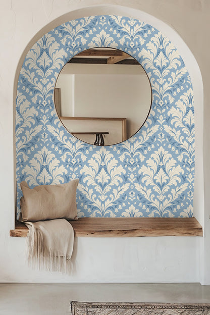 Cloud blue damask wallpaper pattern with cream leafy scrolls and bellflowers.